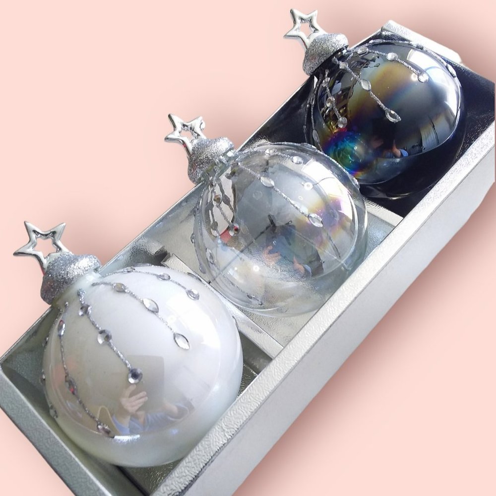 34th & Pine Iridescent Glass Ornament Jeweled Glitter White Clear Black 3pc NIB